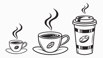 Obraz premium Three stylized coffee cups with steam, in varying sizes and styles.