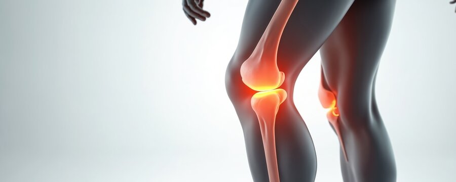 3D medical illustration knee joint pain with glowing skin. Realistic grayscale skeleton, anatomical view leg. Health tech, healthcare, medicine, clear visualisation. Physical condition, anatomy,