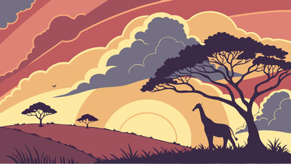 Naklejka premium Silhouette Giraffe at Sunset in African Savanna Landscape