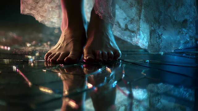 Cinematic lighting dramatically reveals female silhouette carefully navigating fragile broken glass surface, creating mesmerizing reflections of vulnerability and delicate movement