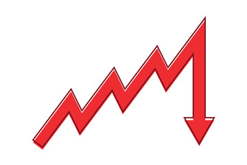 Business arrow graph going down represents trading loss business decline economic recession and financial deficit. Red color with outline. Simple vector illustration symbol design.	
