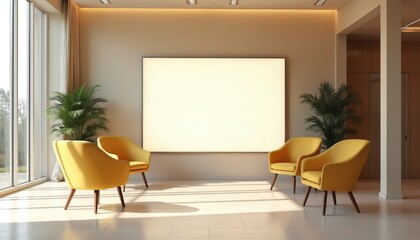 Modern minimalist lobby interior. Blank digital display screen for advertising. Yellow chairs, plants, clean design. Corporate presentation background, modern design hotel lobby. Contemporary office