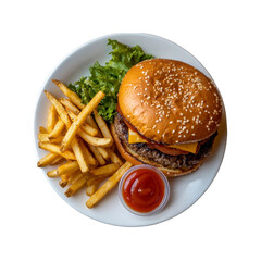 Juicy Cheeseburger with French Fries and Ketchup