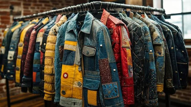 Colorful patchwork jackets on display rack