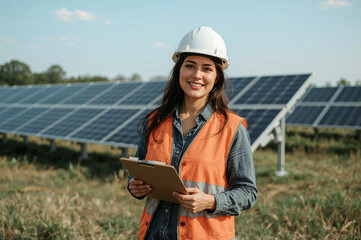 female engineer with solar panels