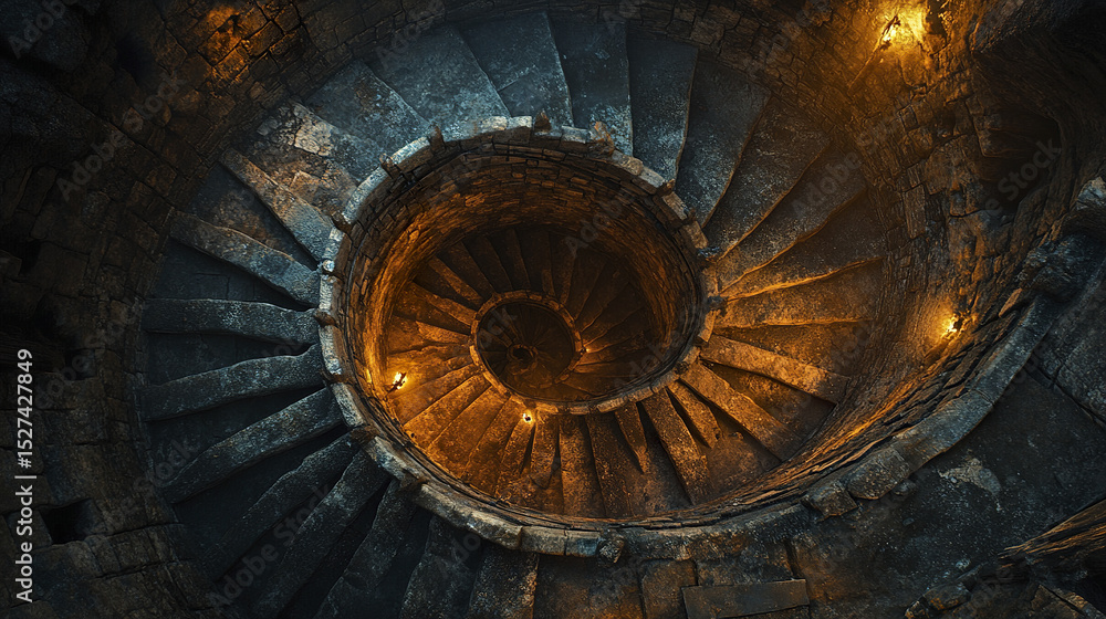 Poster captivating spiral staircase within round tower, illuminated by dim torchlight