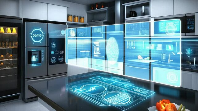 Futuristic smart kitchen with holographic interface displays controlling appliances and providing recipe guidance