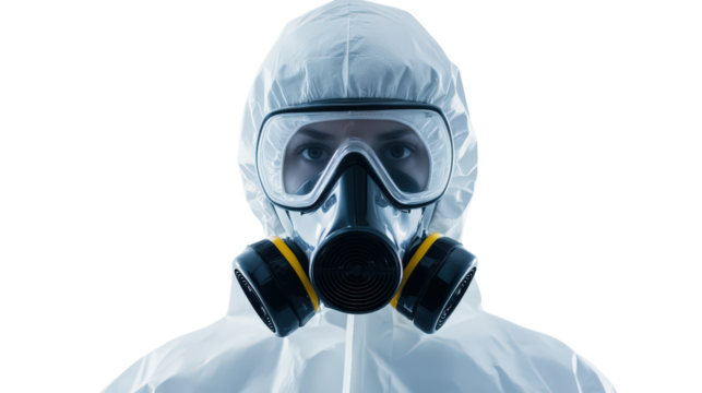 Chemical respirator hood with full coverage, lab and toxic environment protection, Transparent background, PNG file