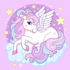 Cute white unicorn on a cloud. Ideal for children's design prints, posters, cards, stickers, puzzles, etc. Vector illustration