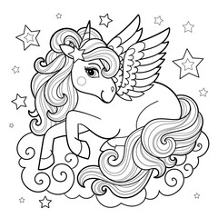 Beautiful unicorn lies on a cloud. Black and white linear drawing. Isolated on white background. For children's design of coloring books, prints, posters, postcards, stickers, puzzles, etc. Vector