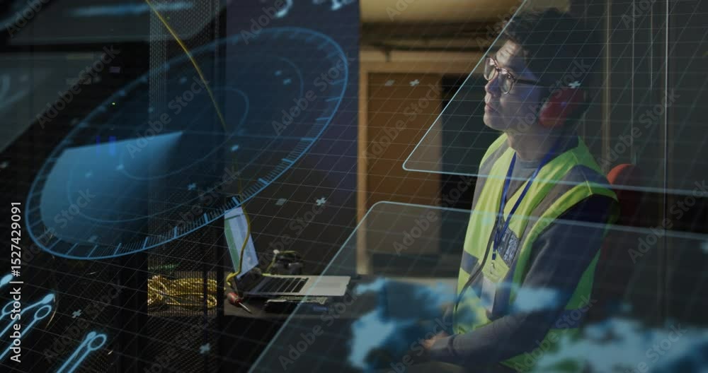 Aufkleber it specialist watching holographic panels shift in control, then typing commands adjusting systems