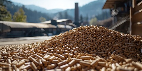 Obraz premium A pile of wood pellets is prominently featured in the foreground with a factory and mountains in the background, suggesting an industrial setting.