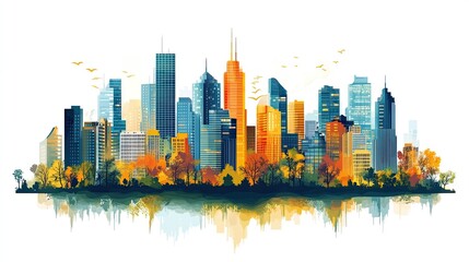 Fototapeta premium Vector illustration of a city skyline with modern buildings, skyscrapers, and detailed urban structures