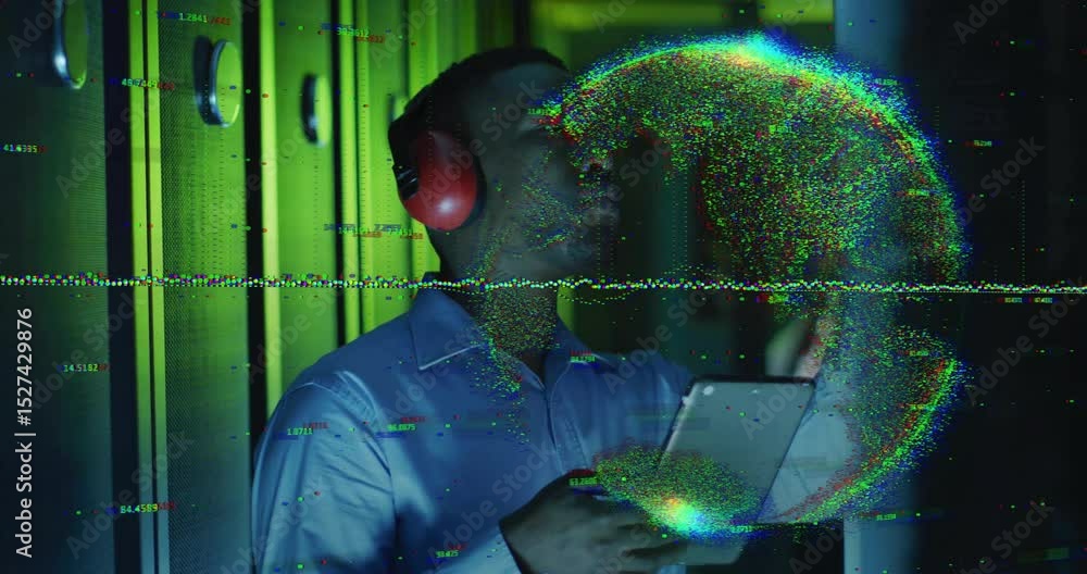 Poster it specialist tapping tablet analyzing data while rotating sphere appearing in server corridor