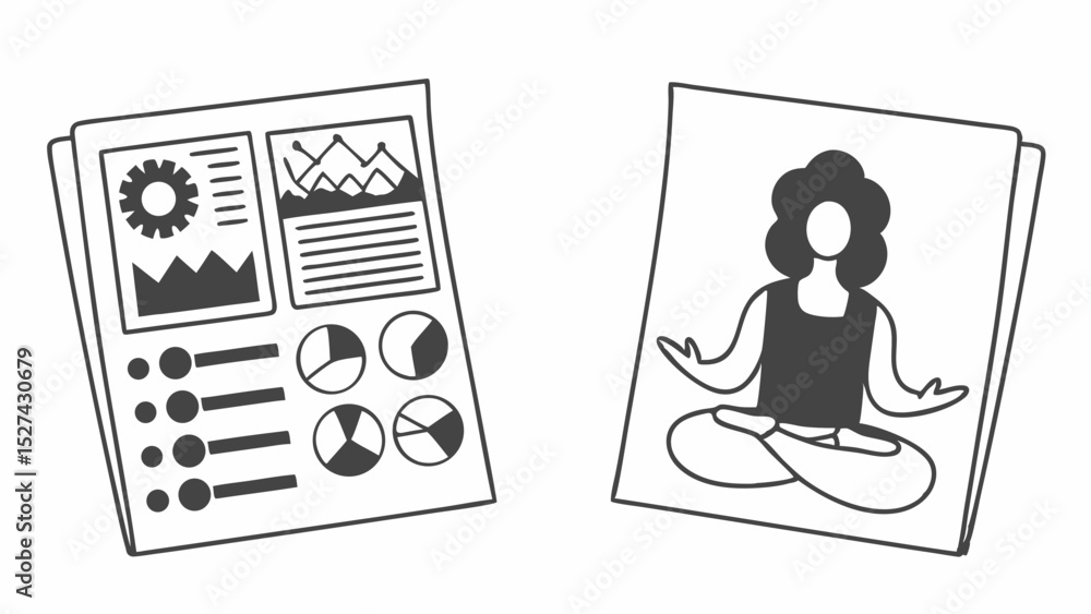 Poster two documents showing data charts and a woman in lotus position for meditation and relaxation time c