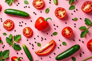 Fresh vegetables pink background healthy eating pattern