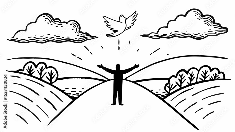 Poster silhouette of a person with arms outstretched under a dove in a landscape with clouds drawn in black