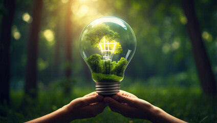 Hands Holding Illuminated Light Bulb Against Dark Background for Ideas