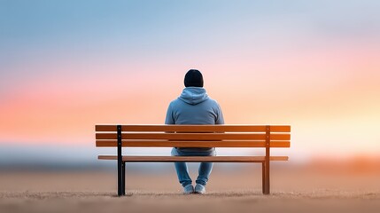 Obraz premium A lone figure sitting on a park bench under a soft warm sunset, symbolizing managing loneliness with peace
