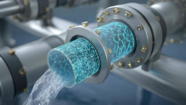 Transparent futuristic pipe section transporting flowing water, representing advanced engineering and innovative design in liquid transfer technology with sleek industrial visualization