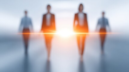A team of professionals walking toward a glowing light in an abstract corridor, symbolizing human resource development