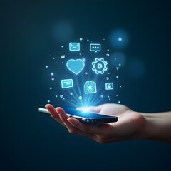 a hand holding a smartphone with glowing blue holographic interface and floating tech icons like cloud, lock, gear, Wi-Fi, and message in soft digital light
