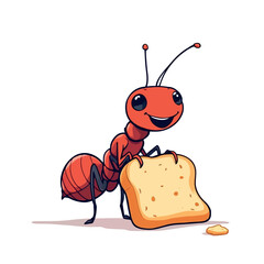 Vsai happy red ant carrying slice of bread cartoon character illustration