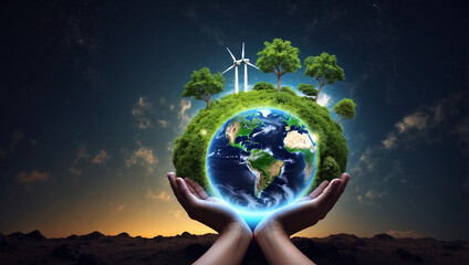 Hands Holding Planet Earth with Icons for Environmental Awareness