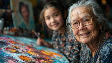 Elderly woman and child paint together, smiling - Powered by Adobe