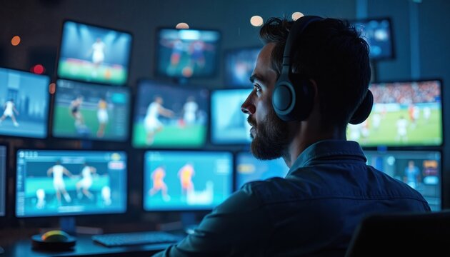 Man analyzes sports analytics using computer vision, real-time performance, machine learning. Analyzing display performance data on multiple screens. Modern technology for coaching with data-driven