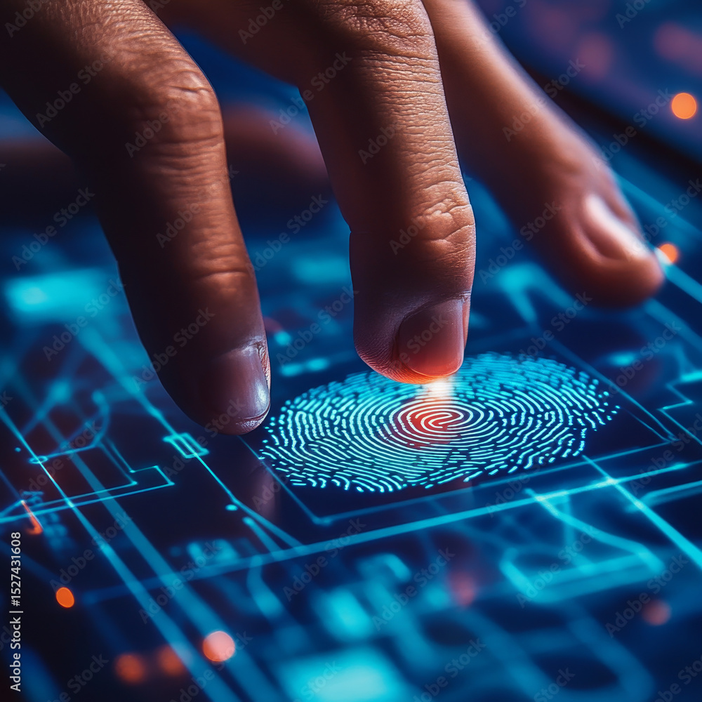 Poster a hand touches the biometric network, connecting sensors, input interfaces, processing units, databa