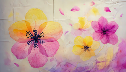 Delicate abstract flowers in shades of pink and yellow with translucent petals, floating on a soft pastel background  
  