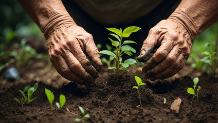 Hands of an Old Man Planting Green Seedlings for Sustainability