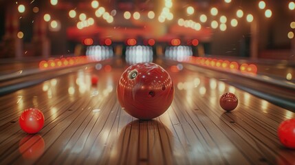 Close-up bowling ball in the middle of the lane.