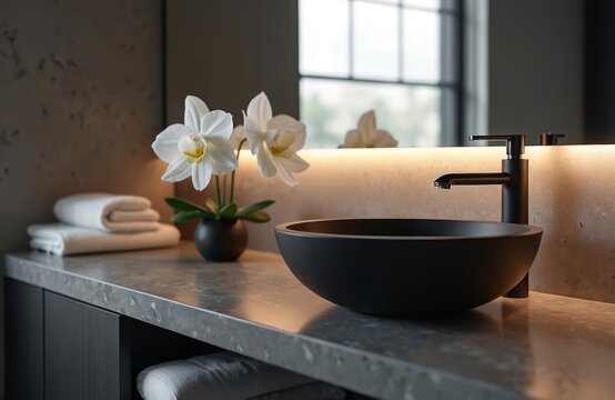 Modern bathroom design with black sink, stylish faucet, mirror lighting. White flowers decor adds freshness. Marble counter with folded towels. Contemporary minimalist interior details.