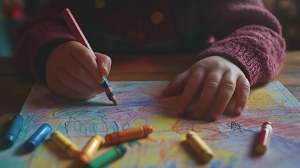 close-up of a child's hands drawing with crayons on a coloring book, scattered art supplies on the table
