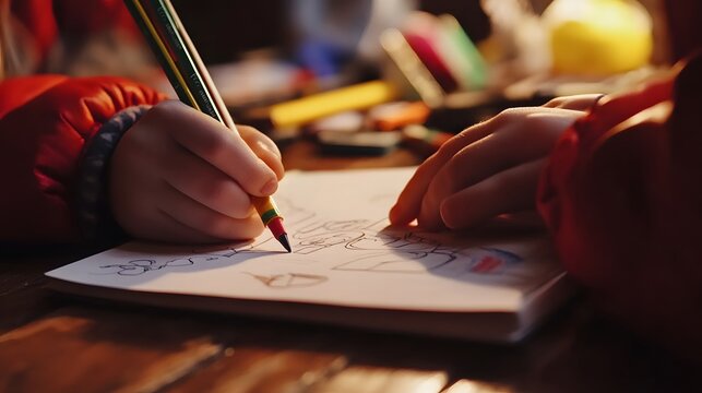 close-up of a child's hands drawing with crayons on a coloring book, scattered art supplies on the table
