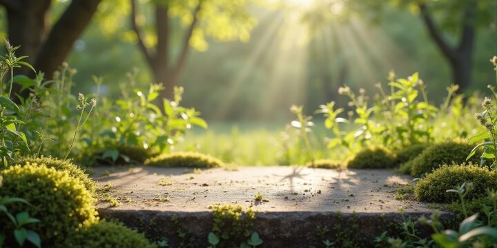 Clean flat stone or wooden surfaces surrounded by moss in a sunlit forest setting.