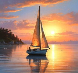 Illustration of sailboat yaht in calm ocean with island and sunrise.