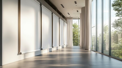 Modern office space featuring blank retractable banners near large windows and plants, ideal for design mockups and presentations.