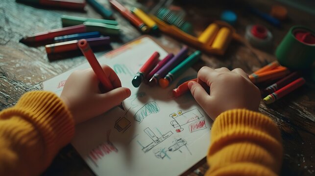 close-up of a child's hands drawing with crayons on a coloring book, scattered art supplies on the table

