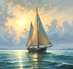 Illustration of sailboat yaht in calm ocean with island and sunrise.