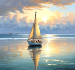 Illustration of sailboat yaht in calm ocean with island and sunrise.