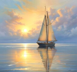 Illustration of sailboat yaht in calm ocean with island and sunrise.