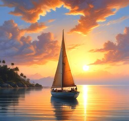 Illustration of sailboat yaht in calm ocean with island and sunrise.