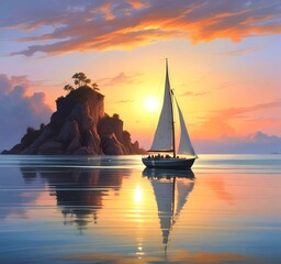 Illustration of sailboat yaht in calm ocean with island and sunrise.