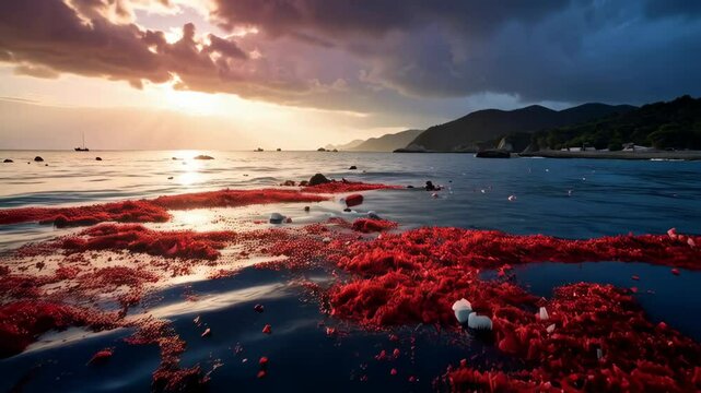 Dramatic sunset over a tranquil ocean filled with vibrant red algae blooms and scattered white stones along a verdant coastline backdrop.