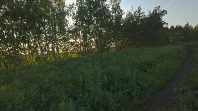 Riding on a dirt country road in summer in a field at sunset