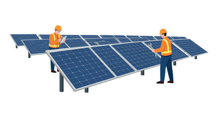 Engineers inspecting solar panels for renewable energy solutions vector illustration