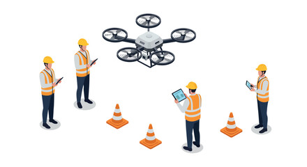 Construction site drone inspection with engineers using digital tablets vector illustration